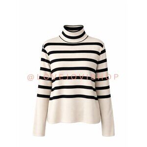 Minimalist Prep | Black + Cream Fine Knit Striped Sweater | Mock Neck Boxy Cut